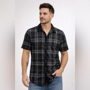 Guess Men’s Slim Fit Plaid Button-Up Shirt – Black & Grey – Size L